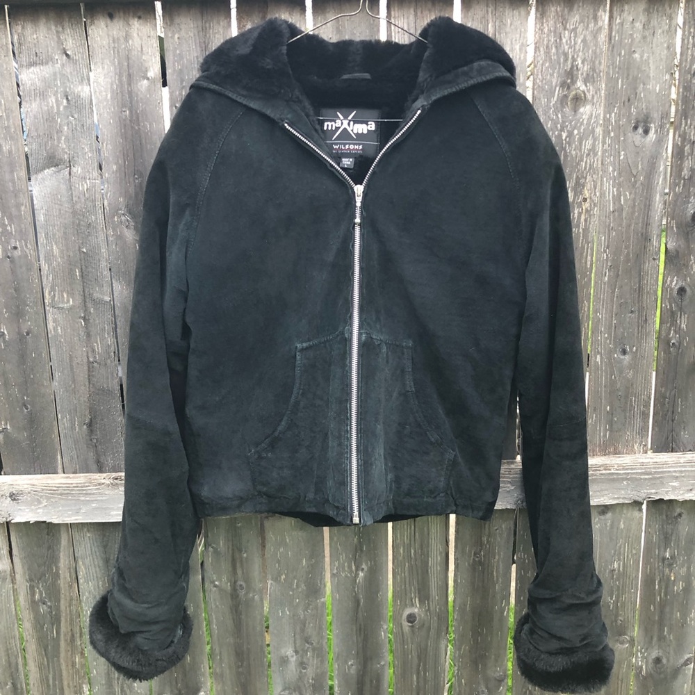 Maxima Wilson’s leather Black Suede Hooded Zip Jacket with Faux Fur Trim